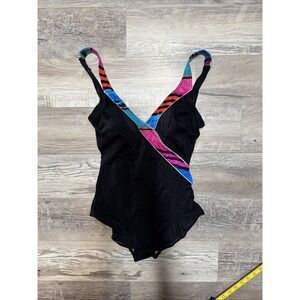 Vtg Roxanne Bra Sized One‎ Piece Swimsuit 14 36C Black Striped Bright Colors 80s